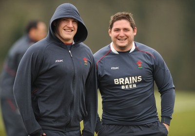 15.02.08 - Wales Rugby Training - Wales props, Gethin Jenkins(L) and Rhys Thomas look on during training 