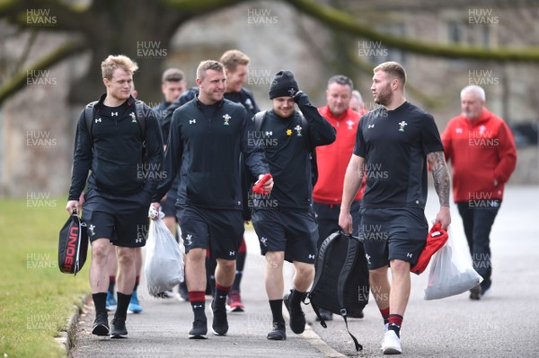 150318 - Wales Rugby Training - Aled Davies, Hadleigh Parkes, Steff Evans and Ross Moriarty during training
