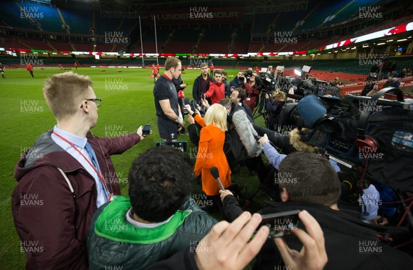 150319 - Wales Rugby Captains Run, Principality Stadium - Wales captain Alun Wyn Jones speaks to the media before training session at the Principality Stadium ahead of the Grand Slam decider against Ireland tomorrow