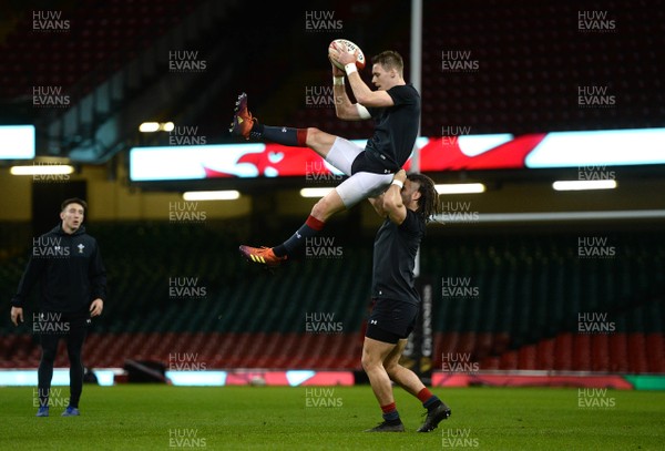 150319 - Wales Rugby Training - Liam Williams is lifted by Josh Navidi during training