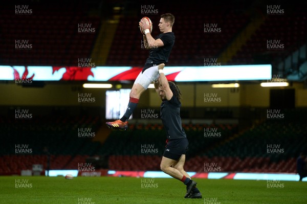 150319 - Wales Rugby Training - Liam Williams is lifted by Josh Navidi during training