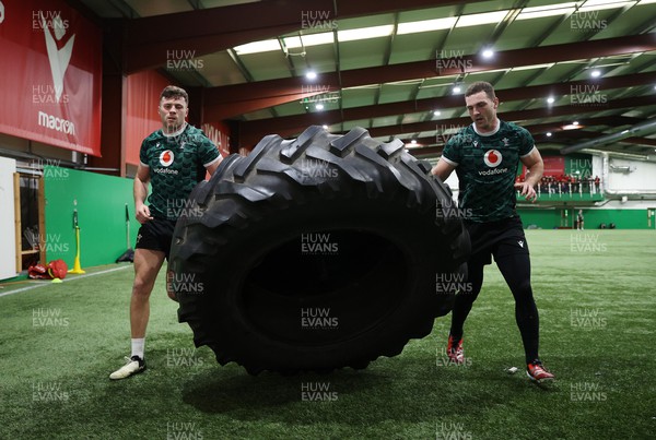 160224 - Wales Rugby Training at the National Centre of Excellence - Mason Grady and George North during training