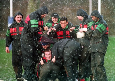 170295 - Wales Rugby Training - Hemi Taylor and Garin Jenkins don't let the weather get them down during training