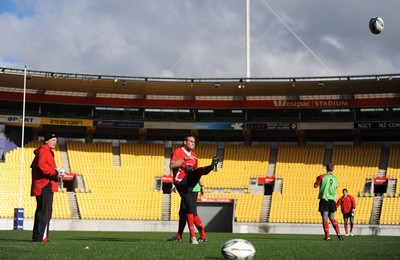 17.06.10 - Wales Rugby Training - Lee Byrne kicks during training at Westpac Stadium, where Wales will play South Africa during the 2011 Rugby World Cup. 
