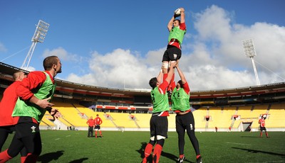 17.06.10 - Wales Rugby Training - Deiniol Jones takes a line-out ball during training at Westpac Stadium, where Wales will play South Africa during the 2011 Rugby World Cup. 