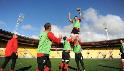 17.06.10 - Wales Rugby Training - Deiniol Jones takes a line-out ball during training at Westpac Stadium, where Wales will play South Africa during the 2011 Rugby World Cup. 
