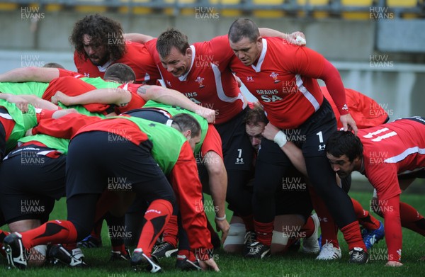17.06.10 - Wales Rugby Training - Adam Jones, Matthew Rees and Paul James scrummage during training. 