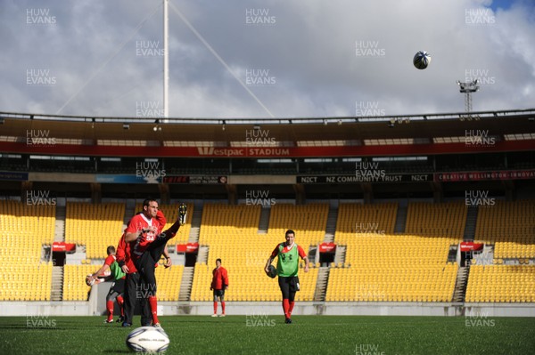 17.06.10 - Wales Rugby Training - Lee Byrne kicks during training at Westpac Stadium, where Wales will play South Africa during the 2011 Rugby World Cup. 