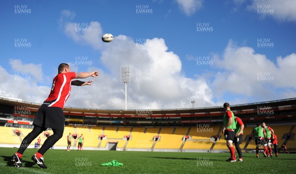17.06.10 - Wales Rugby Training - Huw Bennett throws a line-out ball during training at Westpac Stadium, where Wales will play South Africa during the 2011 Rugby World Cup. 