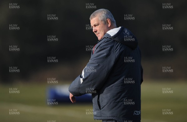 18.02.08 - Wales Rugby Training - Wales Head Coach, Warren Gatland looks on during training 