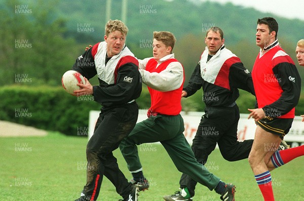 180596 - Wales Rugby Training - (L-R) Gwyn Jones, Arwel Thomas, Emyr Lewis and Mike Voyle during training