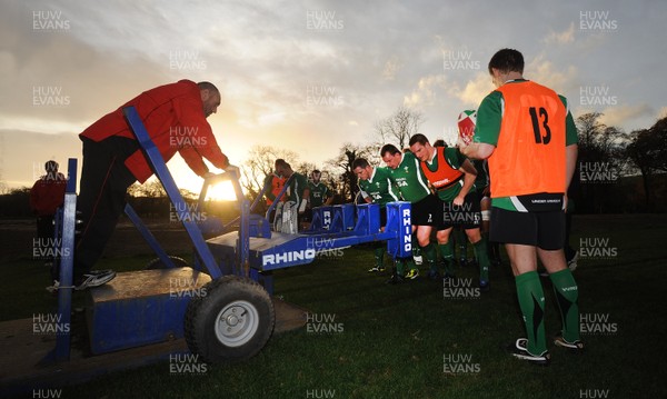 19.11.09 - Wales Rugby Training - Paul James, Matthew Rees and Gethin Jenkins pack down during training. 