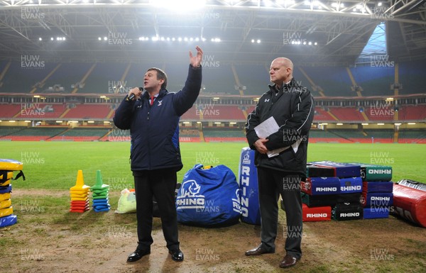 21.02.11 - Wales Rugby Training - WRU Chief Executive Roger Lewis and Phil Steele talk to fans at a Wales rugby training session which was opened up to the public at the Millennium Stadium. 