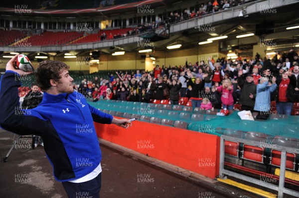 21.02.11 - Wales Rugby Training - Leigh Halfpenny throws signed rugby balls into the crowd at a Wales rugby training session which was opened up to the public at the Millennium Stadium. 