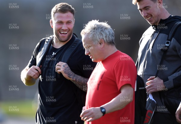 210219 - Wales Rugby Training - Ross Moriarty (left) and Paul Stridgeon during training