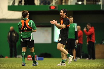22.02.10 - Wales Rugby Training - Stephen Jones and Dwayne Peel(L) share a joke during training. 