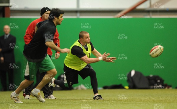 22.02.10 - Wales Rugby Training - Richie Rees gets the ball away as Mike Phillips follows during training. 