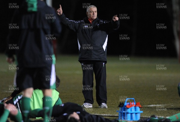 22.02.10 - Wales Rugby Training - Head coach Warren Gatland during a night training session in preparation for Wales Friday night match with France. 