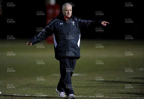 22.02.10 - Wales Rugby Training - Head coach Warren Gatland during a night training session in preparation for Wales Friday night match with France. 