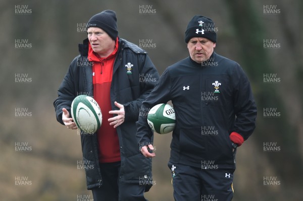 220218 - Wales Rugby Training - Neil Jenkins and Shaun Edwards during training