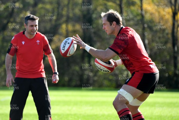 221020 - Wales Rugby Training - Stephen Jones and Alun Wyn Jones (right) during training