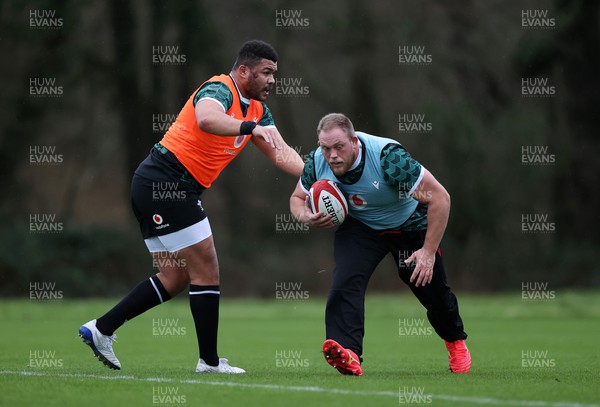 230124 - Wales Rugby Training in the first week of training for the 2024 Guinness 6 Nations - Leon Brown and Corey Domachowski during training