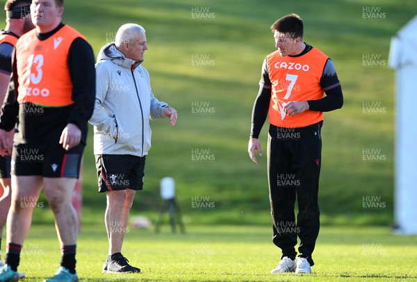 230223 - Wales Rugby Training - Warren Gatland and Josh Adams during training