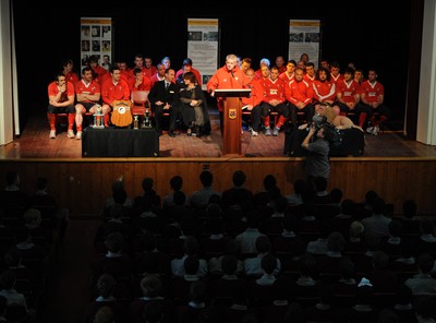 23.06.10 - Wales Rugby Training - Wales Head coach Warren Gatland talks at a school assembly at Hamilton Boys High School after training at his former school. 