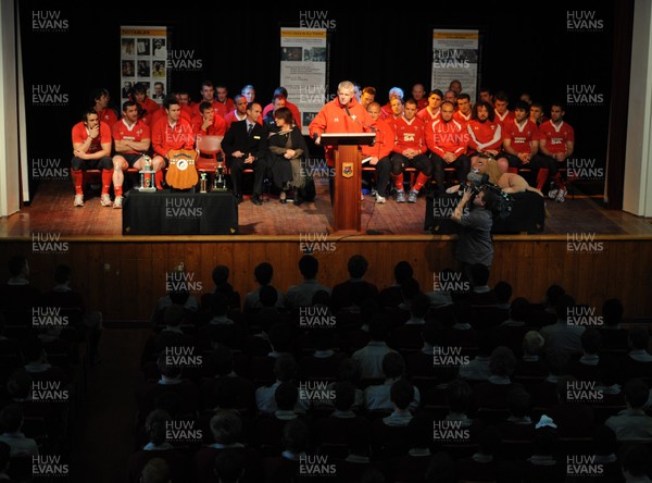 23.06.10 - Wales Rugby Training - Wales Head coach Warren Gatland talks at a school assembly at Hamilton Boys High School after training at his former school. 