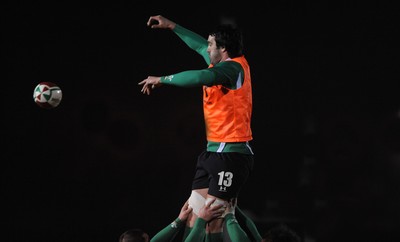 24.02.10 - Wales Rugby Training - Jonathan Thomas takes line-out ball during a night training session in preparation for Wales Friday night match against France. 