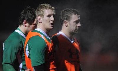 24.02.10 - Wales Rugby Training - Second row Bradley Davies and Deiniol Jones during a night training session in preparation for Wales Friday night match against France. 