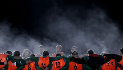 24.02.10 - Wales Rugby Training - Second row Bradley Davies and Deiniol Jones(L) during a night training session in preparation for Wales Friday night match against France. 