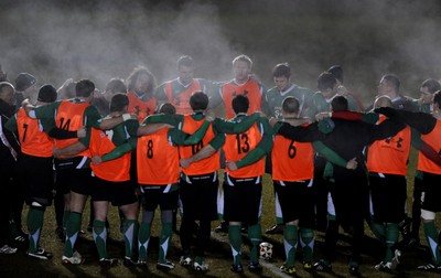 24.02.10 - Wales Rugby Training - Second row Bradley Davies and Deiniol Jones(L) during a night training session in preparation for Wales Friday night match against France. 