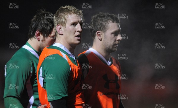 24.02.10 - Wales Rugby Training - Second row Bradley Davies and Deiniol Jones during a night training session in preparation for Wales Friday night match against France. 