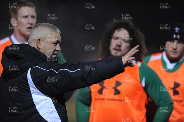 24.02.10 - Wales Rugby Training - Head coach Warren Gatland makes a point during a night training session in preparation for Wales Friday night match against France. 