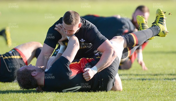 240216 - Wales Rugby Training -Alun Wyn Jones (ground) and Dan Lydiate during training