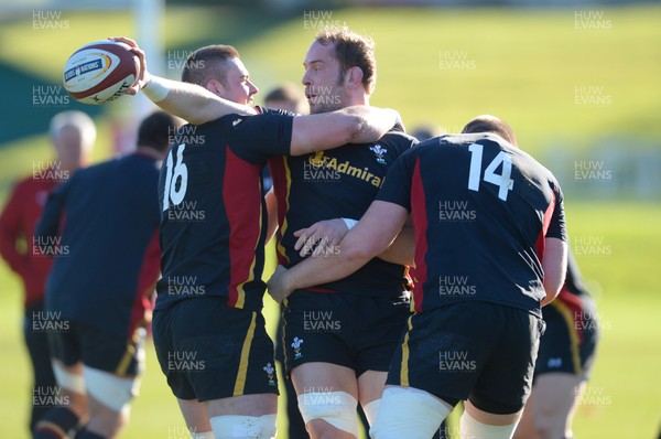 240216 - Wales Rugby Training -Dan Lydiate, Alun Wyn Jones and Jake Ball during training