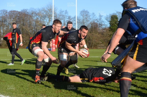 240216 - Wales Rugby Training -Sam Warburton and Bradley Davies (left) during training