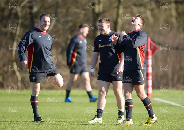 240216 - Wales Rugby Training -Gethin Jenkins, Rob Evans and Dan Biggar during training