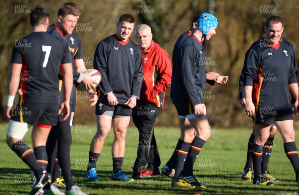 240216 - Wales Rugby Training -Warren Gatland and Jonathan Davies (left) during training