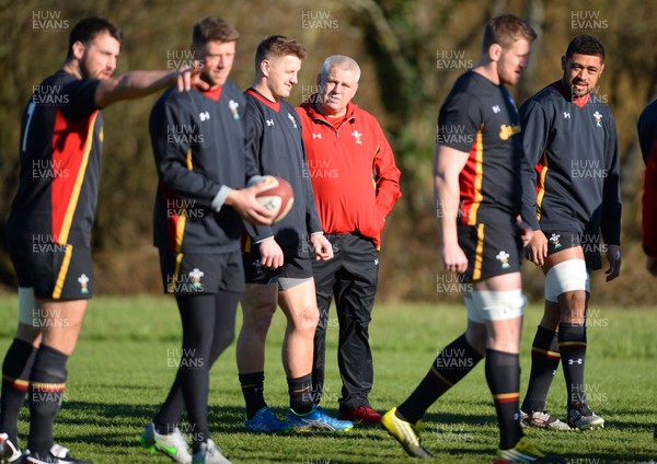 240216 - Wales Rugby Training -Warren Gatland and Jonathan Davies (left) during training