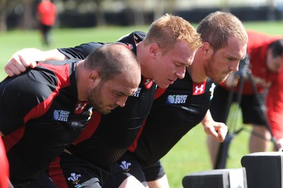 24.09.11 - Wales Rugby Training - (L-R) Craig Mitchell, Lloyd Burns and Gethin Jenkins during training. 