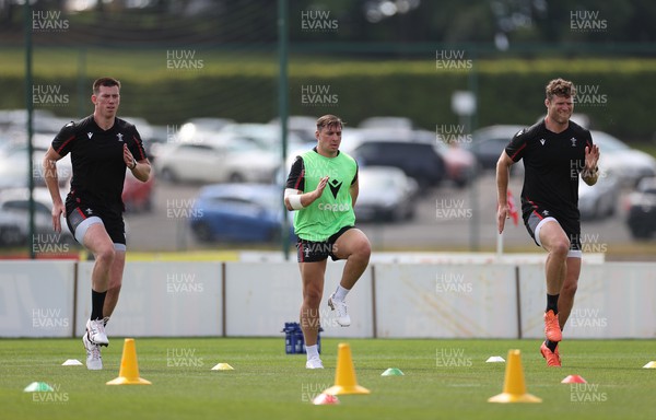 250523 - Wales Rugby Training on the first day in preparation for the Rugby World Cup - Adam Beard, Taine Basham and Will Rowlands