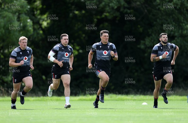 260623 - The first official day of Rugby World Cup Training for the Welsh Rugby Squad - Jac Morgan, Taine Basham, Teddy Williams and Rhys Davies during training