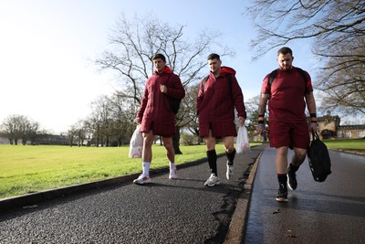 270126 - Wales Rugby Training on the first day of 6 Nations camp - Louis Rees Zammit, James Botham and Sam Wainwright
