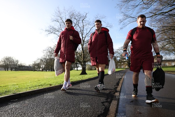 270126 - Wales Rugby Training on the first day of 6 Nations camp - Louis Rees Zammit, James Botham and Sam Wainwright