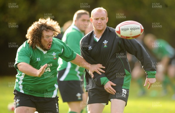 27.10.08 - Wales Rugby Training - Adam Jones and Martyn Williams in action during training 
