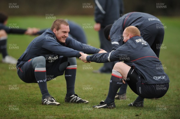 28.01.08 - Wales Rugby Training - Gethin Jenkins(L) and Martyn Williams in action  during training 