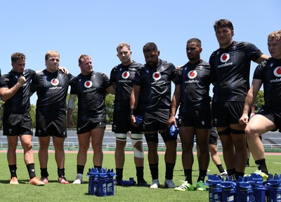 280625 - Wales Rugby Training Session in Kitakyushu - Dewi Lake in the team huddle