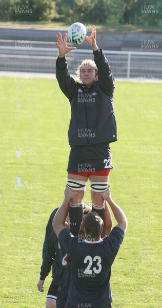 28.09.07 Wales rugby training... Wales Alun-Wyn Jones secures lineout ball during training in St Nazaire. 